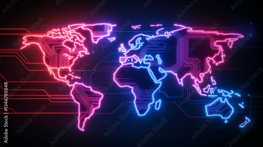Aufkleber a neon-lit circuit board with a vibrant world map seamlessly integrated into its pathways, represent