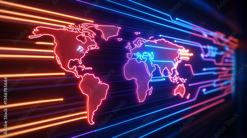 Aufkleber a neon-lit circuit board with a vibrant world map seamlessly integrated into its pathways, represent