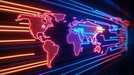 A neon-lit circuit board with a vibrant world map seamlessly integrated into its pathways, representing the flow of semiconductors across borders.