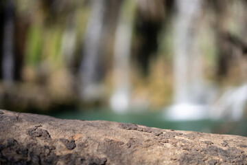 Obraz premium Waterfall cascading gently behind a sunlit log in a tranquil natural setting