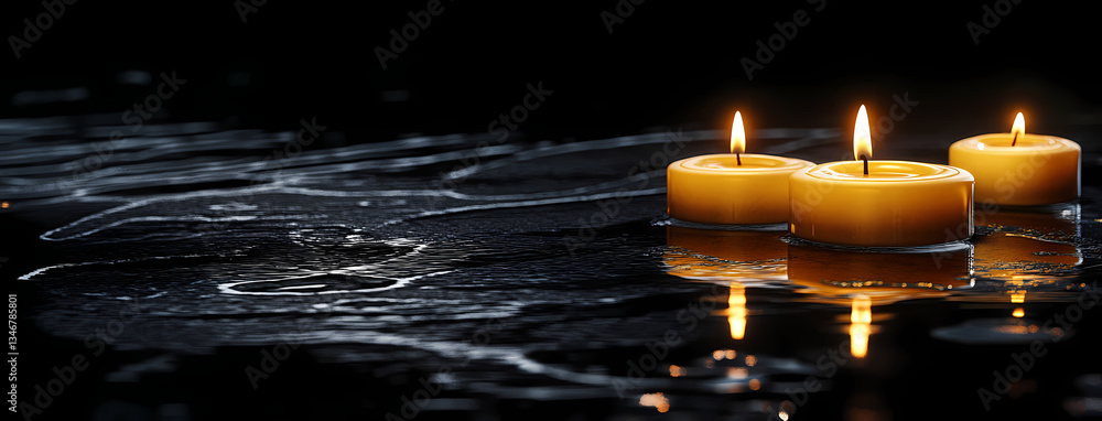 Poster burning candles on wet surface: three softly glowing candles reflect in a dark, wet surface, creatin