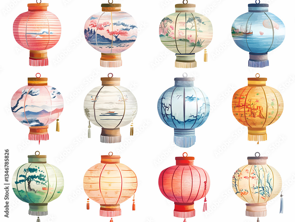 Poster festive lanterns: a vibrant array of exquisitely designed paper lanterns, each one a unique work of 