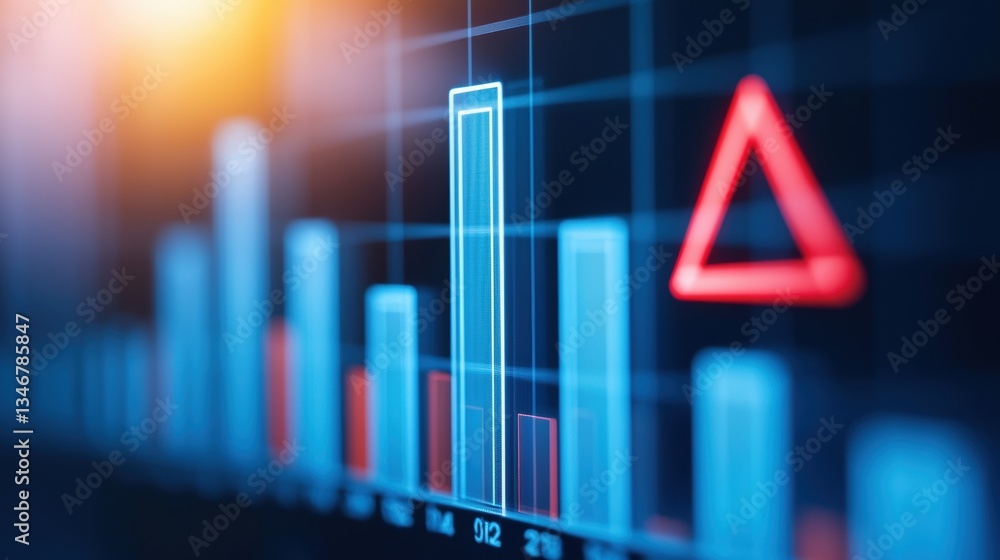 Poster data visualization with bars and a warning symbol, indicating trends and alerts in financial analyti