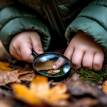 Child exploring nature with magnifying glass examining insect on moss