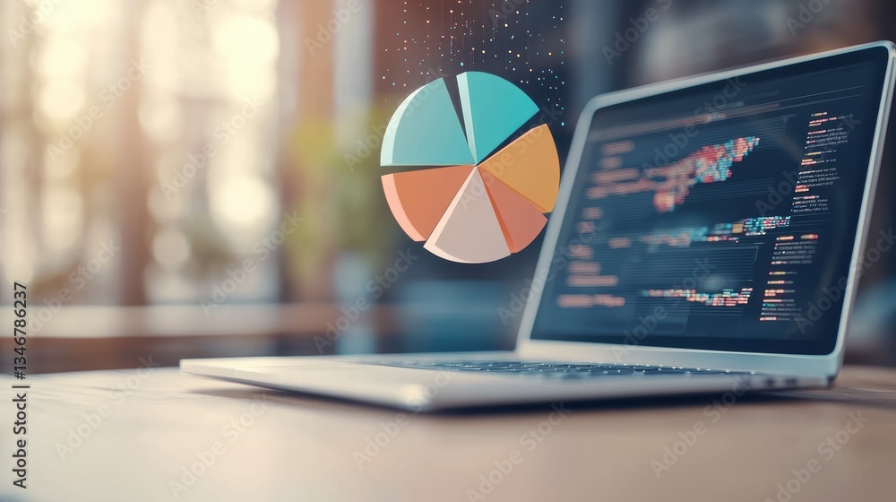 Poster a laptop displaying data analysis with a colorful pie chart overlay, set in a modern workspace envir