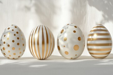 Fototapeta premium Decorative Easter eggs with gold patterns on a beige background. Holiday still life photography. Easter celebration and springtime holiday concept