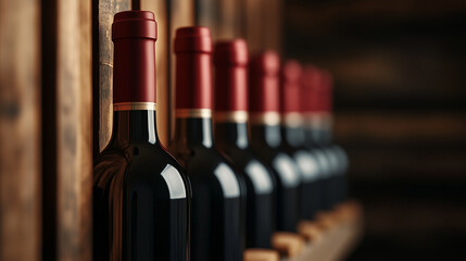 Row of red wine bottles on a wooden shelf in a wine cellar