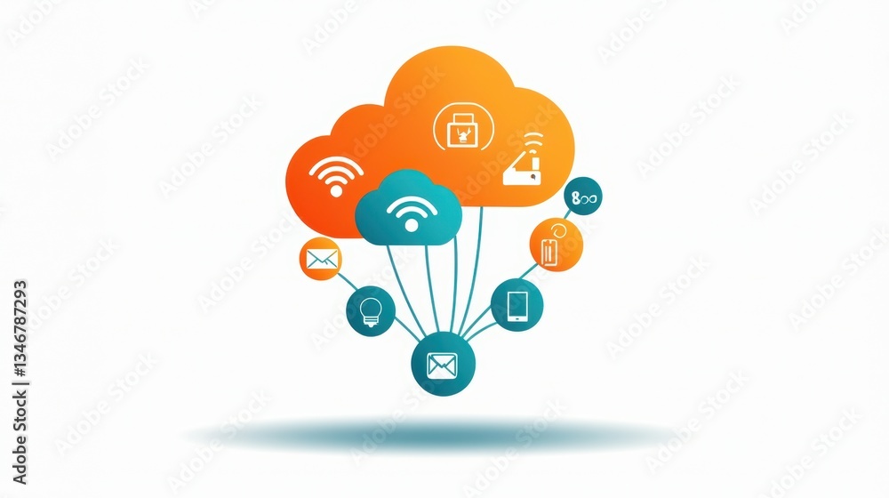 Aufkleber cloud computing illustration depicting data connectivity through various digital icons and symbols.