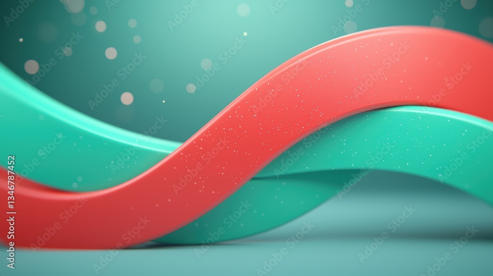 Poster abstract wavy shapes in turquoise and coral hues create a dynamic visual with bubbles, suggesting mo