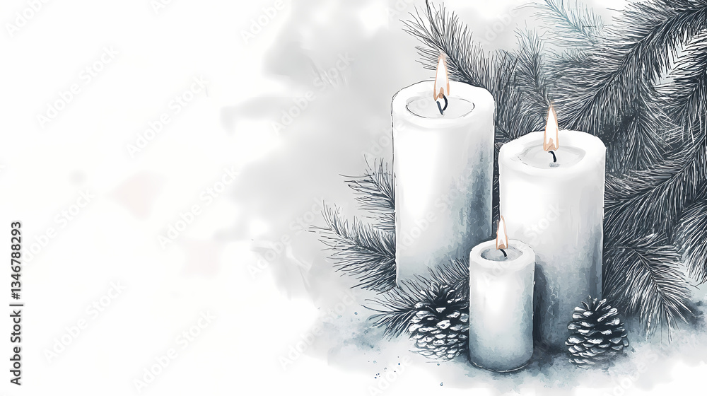 Poster serene candlelight: a close-up of three lit candles surrounded by pine needles and pine cones. the s