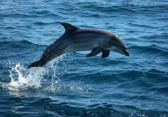 Fototapeta premium Dolphin Jumping Out of the Blue Ocean Water with Splash
