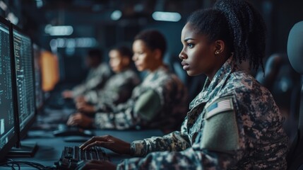 Soldier in military uniform working at a computer, engaged in analyzing data or performing tasks. AI-generated!