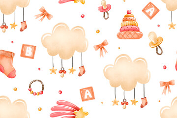 Adorable seamless pattern with pink clouds, hanging baby socks and pacifiers on strings. Surrounded by pyramids, cubes, and baby clothes in soft pastel shades Perfect for textiles wallpaper packaging.