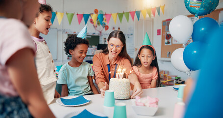 Kids, teacher and birthday cake for party in classroom with decoration, celebration and social event. Friends, happy people and students at learning academy with surprise and support on special day