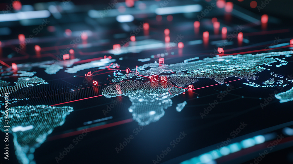 Poster a dynamic digital display showing a 3d model of a global supply chain with distribution points, incl