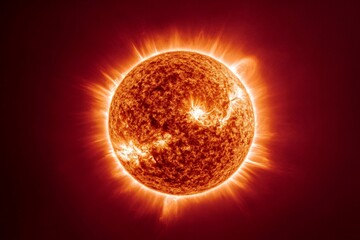 Naklejka premium Sun emitting solar flares and prominences in outer space
