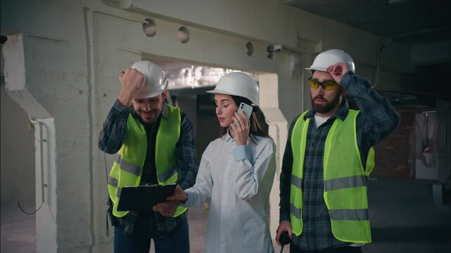 Three Caucasian workers construction builders problem chaos accident developer inspector team woman talk mobile phone men arguing talking walkie talkie trouble difficulty engineers discuss build plan