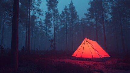 Serene Camping Scene at Dusk with a Vibrant Red Tent Illuminating a Foggy Forest Setting Surrounded by Tall Trees