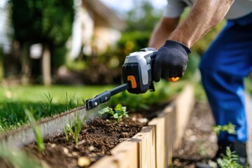 Obraz premium A skilled gardener carefully trims the edges of a flower bed using an electric trimmer, showcasing meticulous attention to maintaining a beautiful garden landscape.