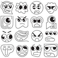 Vector faces, abstract design outline - y2k stickers and badges, happy, angry expressions, stickers, and outline icons with different face expressions. with white background