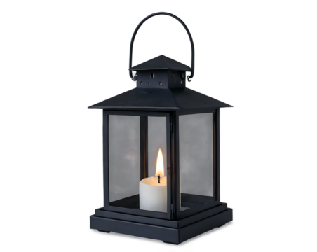 Illuminated candle within a vintage style lantern providing gentle light