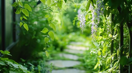 Fototapeta premium Nostalgia Garden Vintage Greenhouse. Lush greenery framing a serene pathway, inviting nature's tranquility.