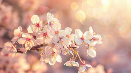 Kwitnąca gałąź wiśni w wiosennym słońcu, zbliżenie na delikatne r&oacute;żowe kwiaty