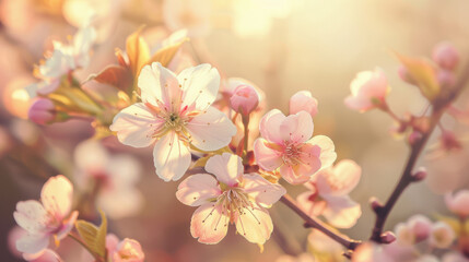 Kwitnąca gałąź wiśni w wiosennym słońcu, zbliżenie na delikatne różowe kwiaty