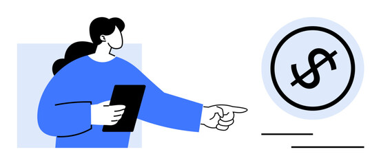 Woman with blue attire holds a tablet and points toward a dollar sign, symbolizing focus on financial strategy, technology, business growth, planning, savings, success, and management. Ideal