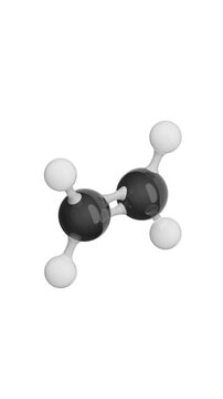 Molecule: Ethene. Chemical Structure Model: Ball and stick. Molecular Formula: C2H4. Isolated on a white background. Seamless loop. Vertical screen. 3D rendering.