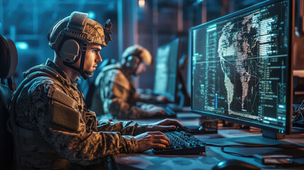 Soldier in military uniform working at a computer, engaged in analyzing data or performing tasks. AI-generated!