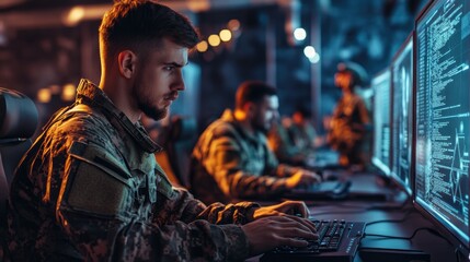 Fototapeta premium Soldier in military uniform working at a computer, engaged in analyzing data or performing tasks. AI-generated!
