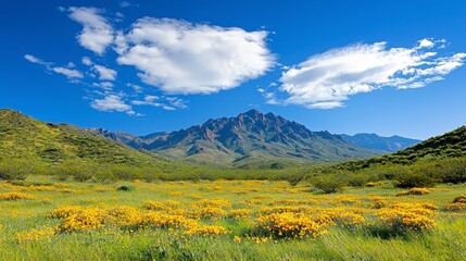 Fototapeta premium Yellow Wildflowers in Mountain Valley under Sunny Sky