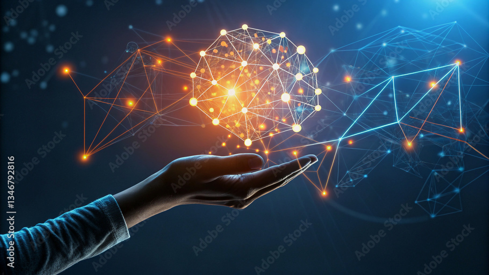 Aufkleber hands connecting in a digital world with glowing lights and a global network
