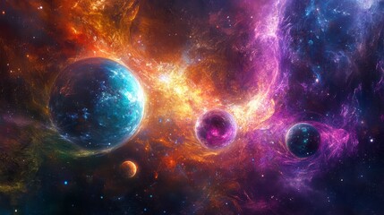 Vibrant nebula with three planets, cosmic dust, and swirling gases.