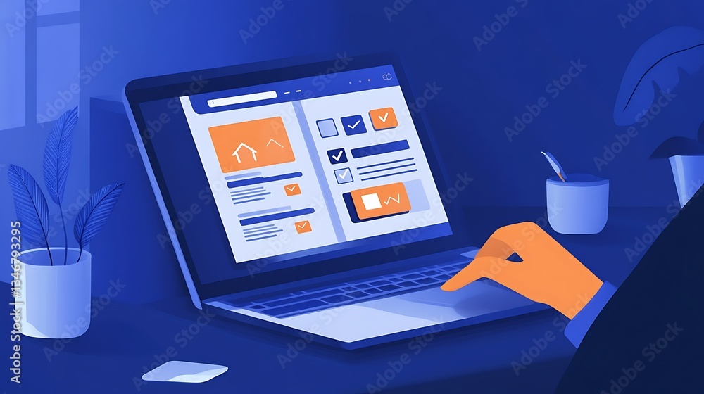 Poster architectural design on laptop screen, a person using a laptop displaying architectural software wit