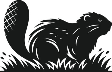 Beaver lying in the grass, tail slightly raised vector silhouette
