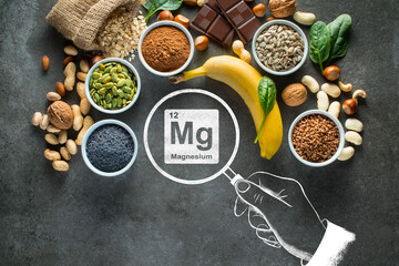 Composition with products containing magnesium. Healthy foods high in magnesium.Top view.