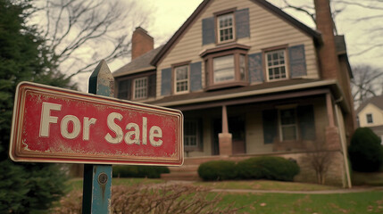Obraz premium For sale sign in front of a charming suburban house