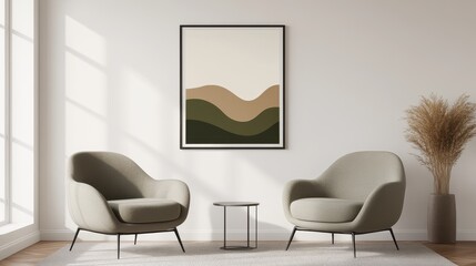 Cozy living room setup, elegant chairs with soft cushions, modern decor with large window providing natural light, inviting atmosphere.