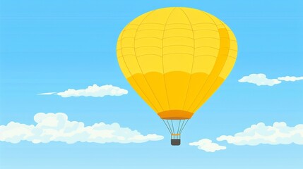 Fototapeta premium Yellow hot air balloon floats high amidst fluffy clouds and clear blue sky