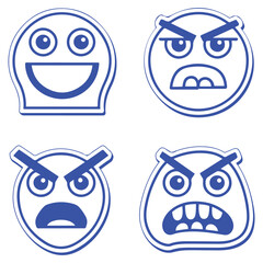 Vector faces, abstract design outline - y2k stickers and badges, happy, angry expressions, stickers, and outline icons with different face expressions. with white background