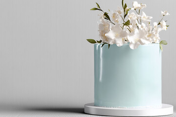 Pastel cake with white flowers, minimalist backdrop; wedding, celebration