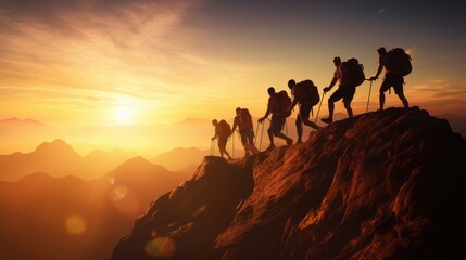 Group of hikers at sunset mountain. Young people on mountain hike at sunrise. They holding hands and helping each other. The concept of support and business. Ai-generated.