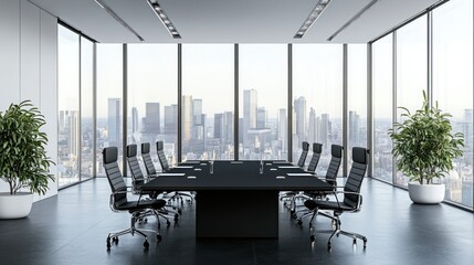Modern conference room with city view. Possible use Stock photo for business, corporate, or office spaces