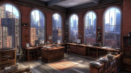 Fototapeta premium A Cozy Office Interior Features City Views And Brick Walls