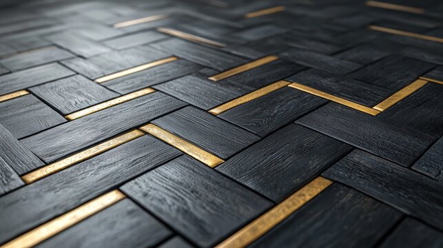 Dark wood parquet floor with gold accents