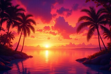 sunset with palm trees in the foreground