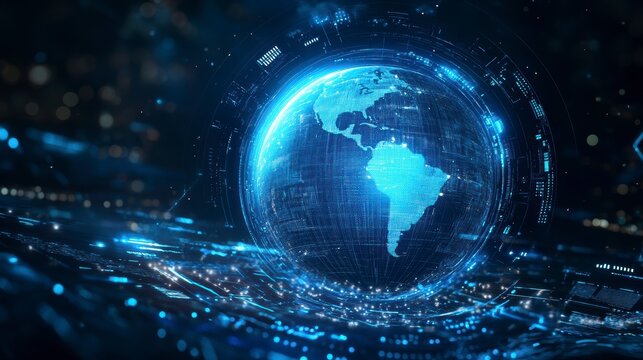 Futuristic digital globe with glowing lines and data streams.