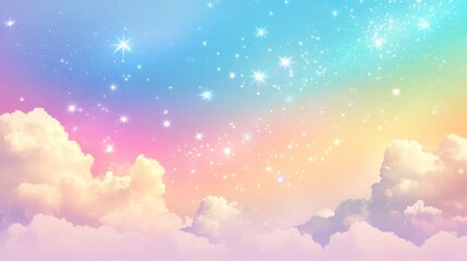 Pastel rainbow sky with fluffy clouds and sparkling stars.